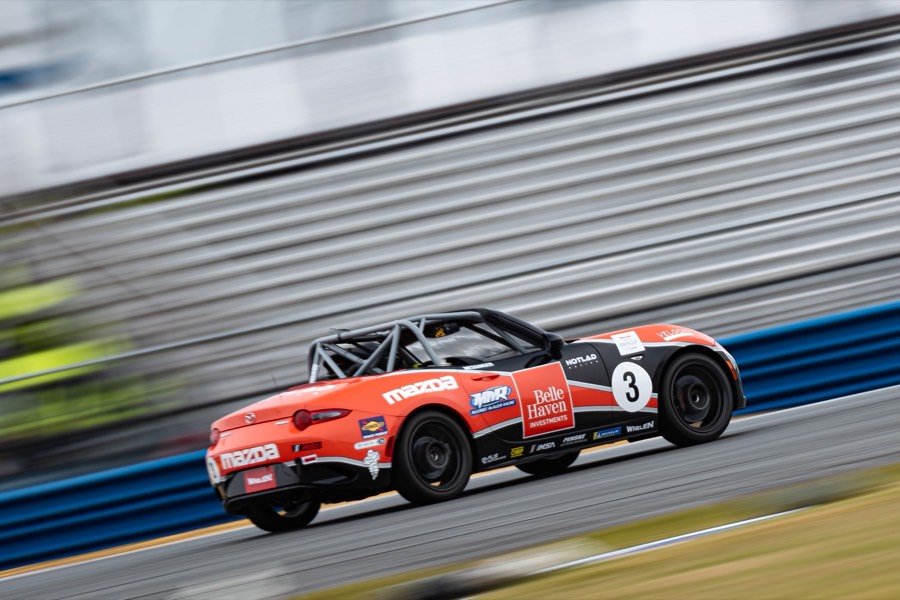 Ren's number 3 MX-5 Cup car on the Daytona banking